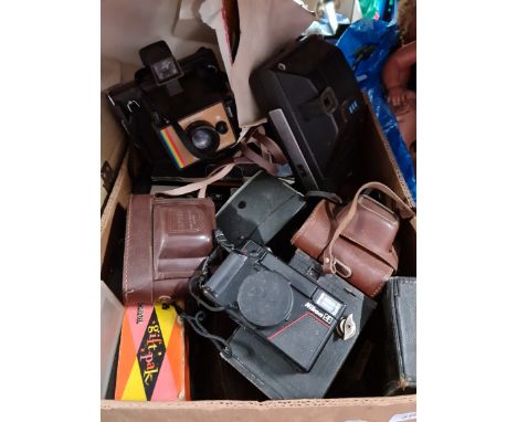 A box of assorted cameras including Zeiss Ikon, Kodak, Polaroid, Voigtlander etc. 
