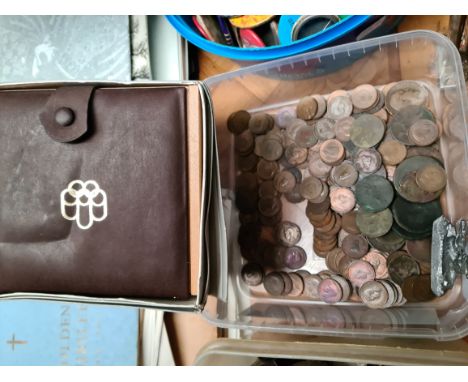 A tub of GB coins&amp; 3 empty coin boxes