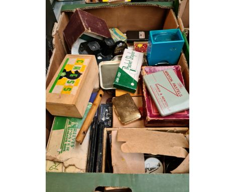 A box of misc including vintage hair clippers, view master, novelty lighter, chess pieces, various tools, paints, etc. 
