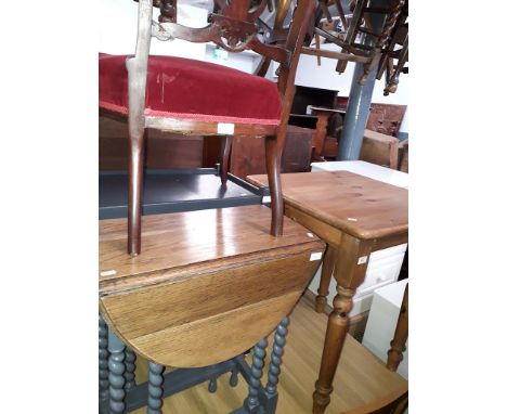 Four pieces of furniture; a painted trolley, a painted gate leg table, an Edwardian chair and a pine table. 