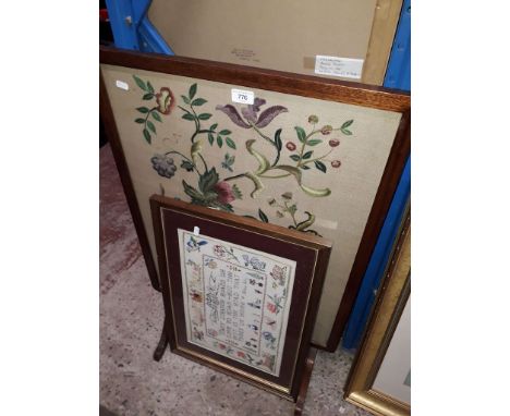 A wooden and needlework fire screen and a sampler 