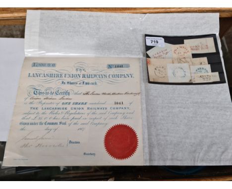 Acoolection of north west counter date stamps and a share certificate from Lancashire Union Railways Company. 