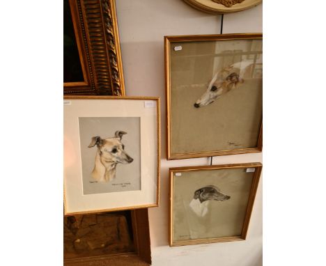 A Marjorie Cox dog portrait, pastel, signed, framed and glazed with 2 other similar.Condition:- General wear to frames & some