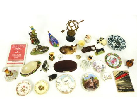 A large collection of decorative ceramics, figurines etc to include china plates, lidded boxes, two small Toby jugs, a cast i