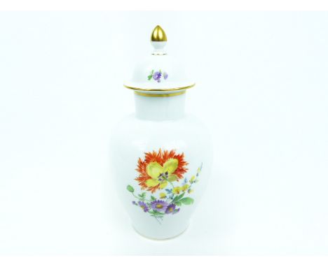 A mid 20th century, hand-painted Meissen jar and cover, the body of the bulbous jar decorated with hand-painted floral sprays