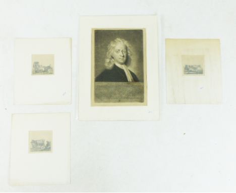 An unframed but mounted print portrait of Sir Isaac Newton, sight size 28 x 20cm, together with three Albert Cuyp (1620-1691)
