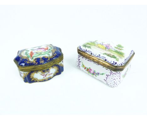 Two, fine, mid 19th century, French, hand-enamelled and gilt metal, trinket boxes, to include a french, dark blue, porcelain 