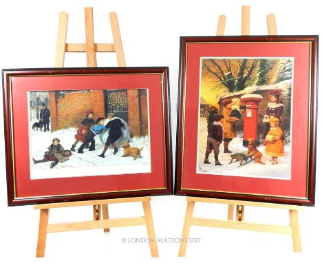 Two colour prints of Victorian oil paintings of winter scenes, one example depicting children playing in the snow with dog, w
