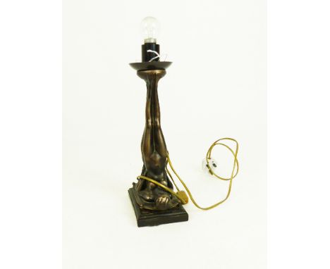 An Art Deco style lamp base with nude ladies with legs upwards; overall height 43cm.