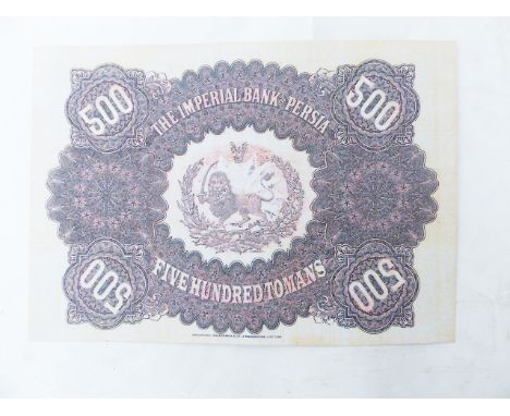 An unframed printed portrait of young Mohammed Reza Shah, together with a copy of a Qajar Persian banknote, and a small quant