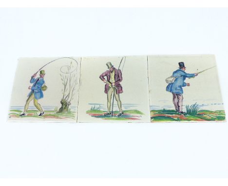 Three, early 20th century, Pilkington tiles with hand-painted fishing scenes, Tile Dimensions: 15.5 x 15.5 cm (3)