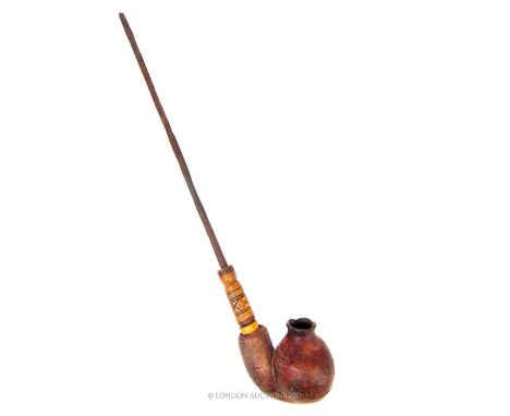 An early, almost certainly 19th century possibly Oceanic or Sepik (New Guinea) tribal pipe with terracotta pipe bowl and meta