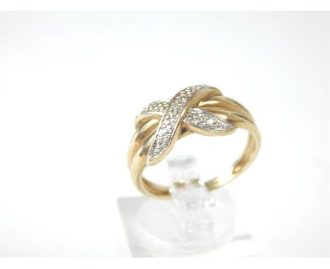 A 9 ct yellow gold and diamond cross-over ring, composed of a central 'x'-shape inset with small brilliant-cut diamonds to a 