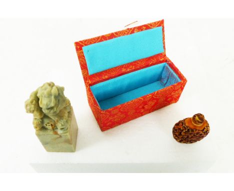 A Chinese hardstone seal in the form of a Kylin, marked 'Sarah' to the underside, 12 x 4 x 4cm, boxed, together with a resin 