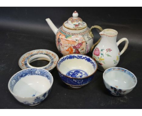 An 18th Century Chinese Porcelain Export Teapot, together with a similar Canton jug, three tea bowls and a teapot stand