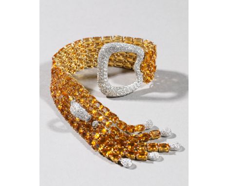 18 K Gold Bracelet with Citrines and BrillantsArmband. Weißgold/ Gelbgold 18K (750), Citrine, Brillanten. L. 25,5 cm, B. 4 cm