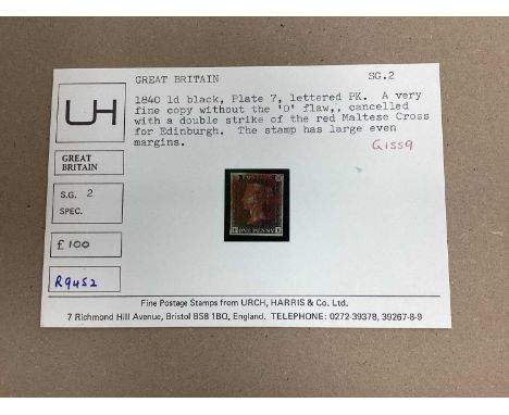Stamps; G.B. Penny Black 'P-K', a fine stamp with four large margins and red mx cancellation.
