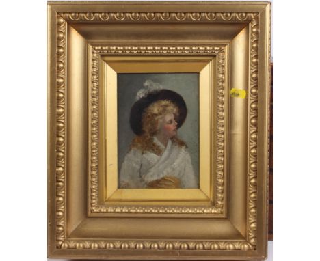 T F: oil on canvas faced board, portrait of an 18th Century beauty, 6 1/2" x 4 1/2", in deep gilt frame