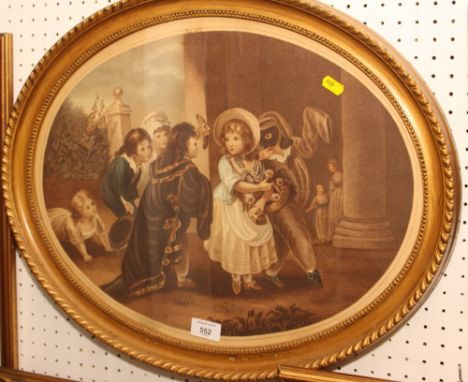 A pair of 18th Century stipple engravings, children playing, in oval gilt frames