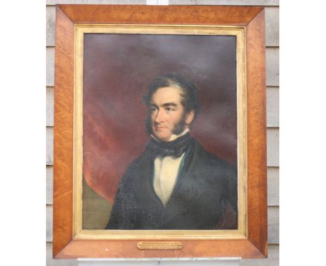 A mid 19th Century oil on canvas, portrait of Benjamin Haworth Esquire MA, 26" x 20", in burr maple frame