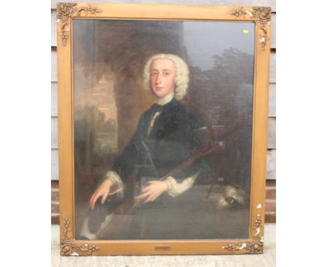 Circle of Ramsey: a mid 18th Century oil on canvas, portrait of Benjamin Haworth with sporting gun and dog, 43" x 35", in gil