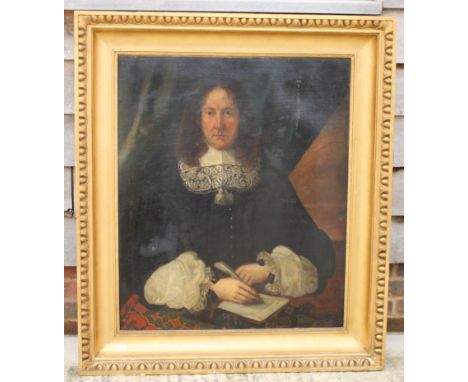 Dutch late 17th Century School: oil on canvas, portrait of an unknown man with a lace collar writing a letter with quill pen,