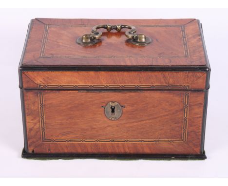 An early Georgian padouk and box and ebony strung tea caddy with fitted interior and original brass carry handle, 10 1/4" wid