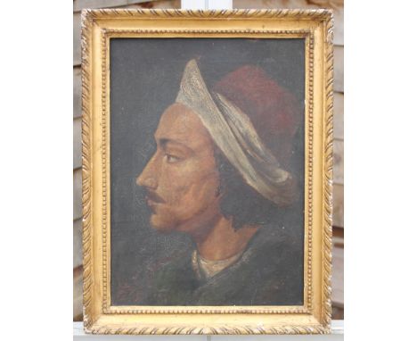 18th Century Continental School: oil, portrait of a brigand with red hat, 15 1/2" x 11", in gilt frame