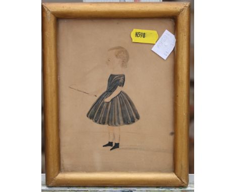 An early 19th Century watercolour, portrait of a child with a riding crop, 5 3/4" x 4 1/4", in gilt frame, and a hand-coloure