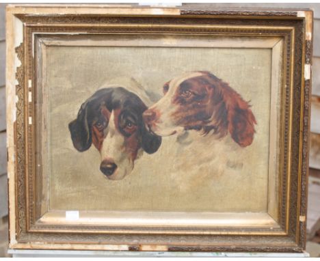Maddeley?: oil on canvas faced board, double portrait of dogs, 11 1/2" x 15 1/2", in gilt frame