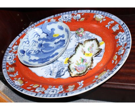 A 19th Century chinoiserie decorated oval meat plate, a Herend enamel shaped dish, a Chinese blue and white bowl, 8" dia, and