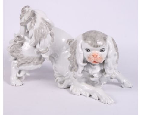 A Dresden porcelain Pekingese dog after Kandler, 8" high