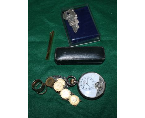 A silver key-shaped pendant on chain, a silver cased open faced pocket watch, a 9ct gold stick pin in case, a 9ct gold weddin