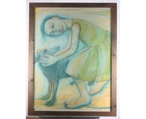 R M Swanston: pastels, woman with a dog, 34" x 27", in gilt frame