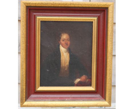 English late 18th Century School: oil on canvas, portrait of an unknown gentleman with yellow waistcoat and gloves, 9 1/2" x 
