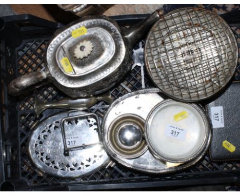 A set of six silver bean handled coffee spoons, a plated teapot, a plated rose bowl and other items of plate, various