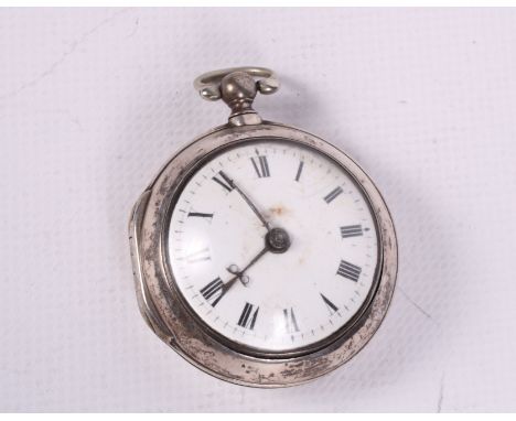 A Georgian silver pair cased pocket watch by Elliott Stamford with white enamel dial and Roman numerals