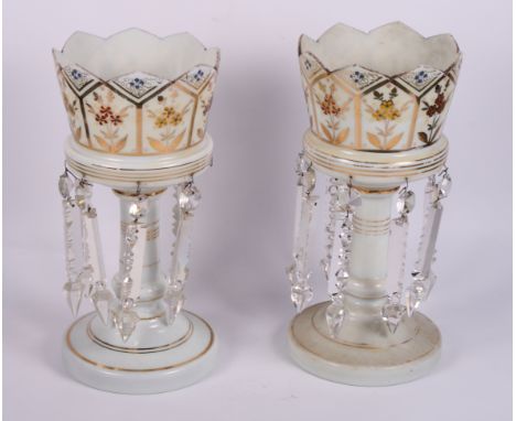 Two 19th Century gilt and enamel decorated table lustres with prismatic drops, 12 1/2" high