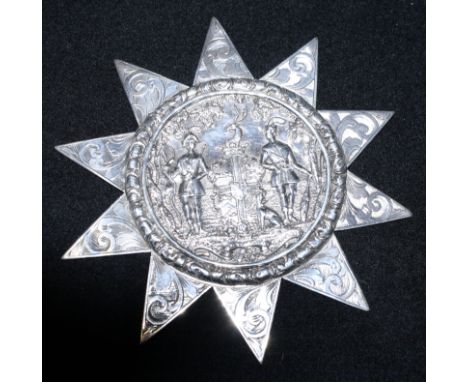 A Victorian embossed and engraved silver Ancient Order of Foresters star-shaped sash medal