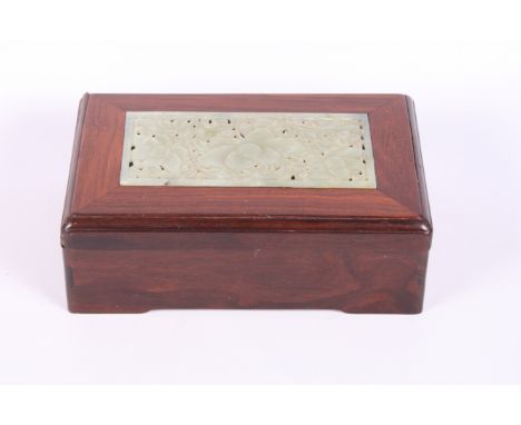 A Chinese carved hardwood and jade mounted box, 8 1/2" wide
