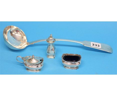 A Victorian silver soup ladle, Newcastle 1870, makers mark T.S. and a silver three piece cruet set, Birmingham, 1928.  Weight