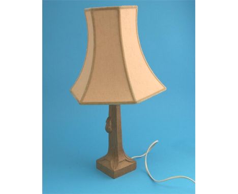 A Robert "Mouseman" Thompson oak table lamp with large carved mouse and square base.  26 cm high