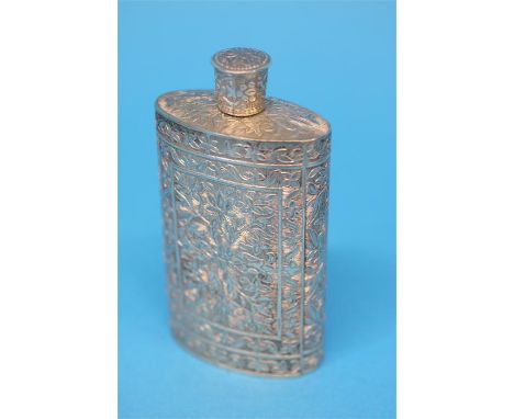 A 925 standard silver engraved hip flask, stamped 925.  Weight 79.6 grams/2.5 oz