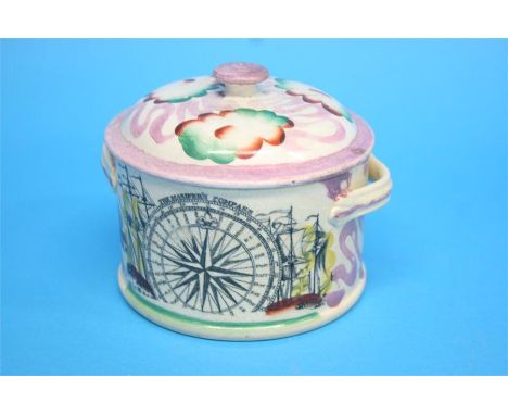 A 19th century Sunderland pink lustre eel jar with mariner's compass and verse.  15 cm diameter