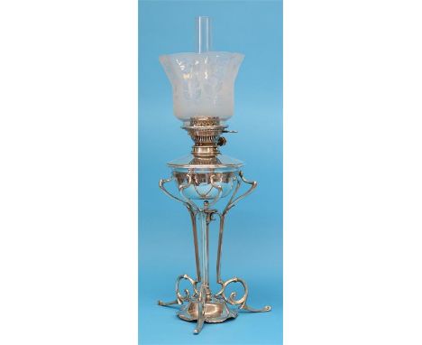 A Hinks silver plated Art Nouveau style oil lamp with frosted shade, below a shaped base, impressed Hinks, numbered 3634.