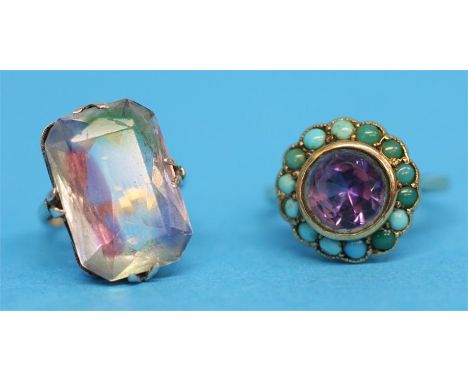 A 9ct gold amethyst and turquoise ring and another ring.