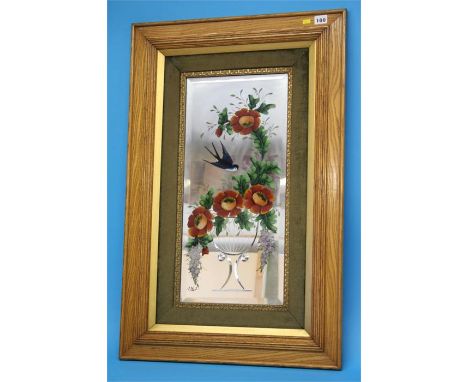 A pair of Victorian oak framed enamel painted mirrored panels.  87 cm high.  56 cm wide.