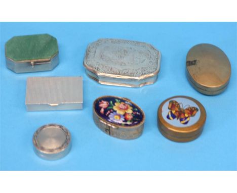 An engraved silver plated snuff box inscribed Lewis Forsyth Newcastle; and a collection of six various pill/trinket boxes. (7