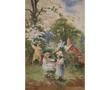 Arthur Stanley Wilkinson  c.1860-1930  Signed  "Rural setting with young boy picking blossom and girls collecting"  23 cm x 1
