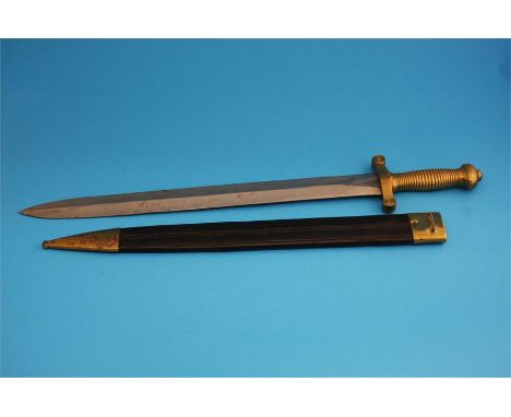 A French Infantry Gladius sword stamped Talabotf 1832, Paris, with brass grip and leather and brass mounted scabbard.  48.5 c